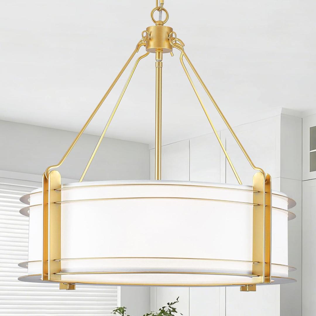 20.4'' Gold Drum Chandelier with White Linen Fabric Shade, 20.4in