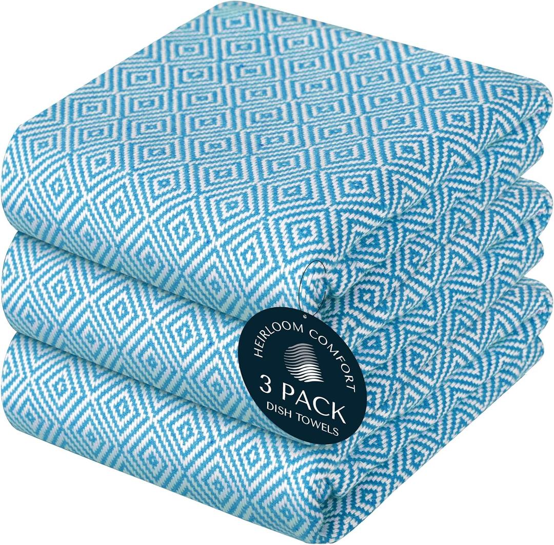 Turquiose Blue Kitchen Towels Set of 3, Durable & Super Absorbent Dishcloths Pack, 100% Cotton, Reusable, Durable, Quick Dry Towels for Daily Kitchen Use, Wiping & Drying Dishes