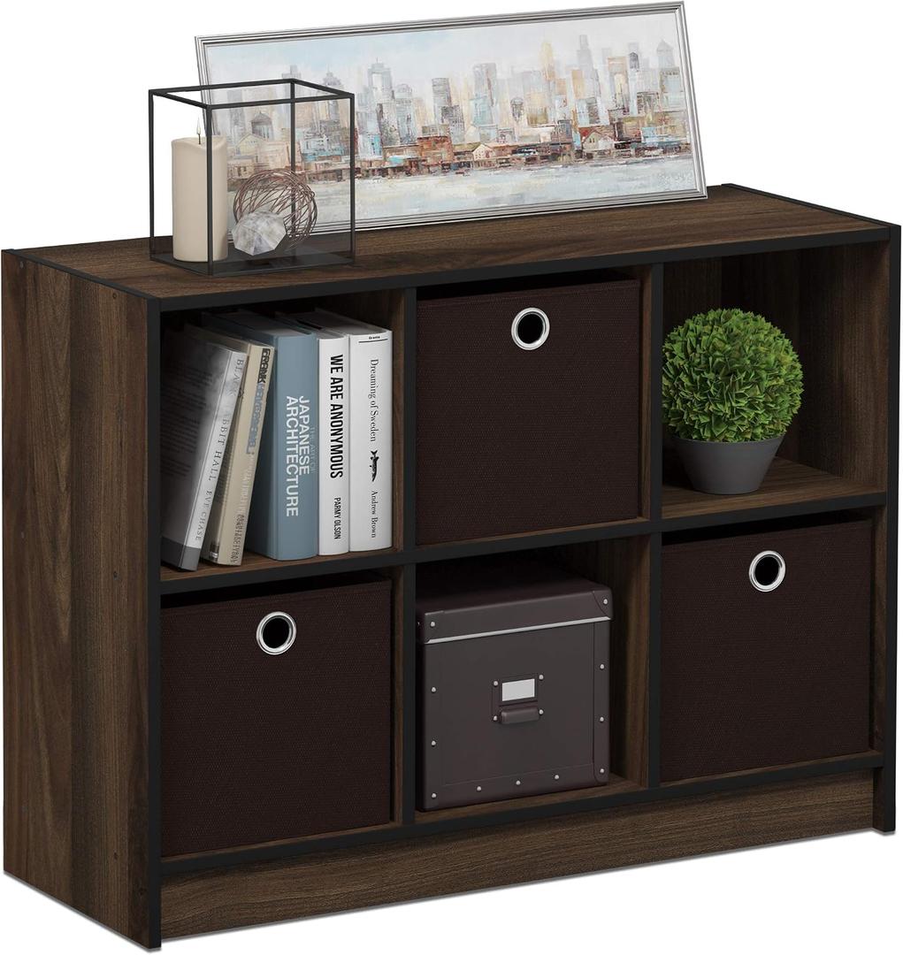 Furinno BASIC Book Shelf, 6-Cube Bookshelf with Open Shelf, 3 x 2 Bookcase with Storage Bins, Closed Back, Horizontal, 11.9 x 31.6 x 23.6, for Living Room, Bedroom, Home Office, Columbia Walnut