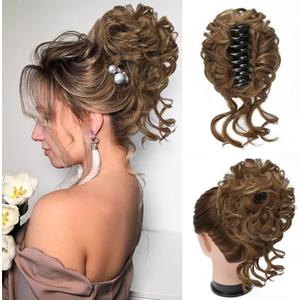 Foaoit Claw Clip Messy Bun Hair Pieces for Women Messy Wavy Curly Hair Bun Extensions Tousled Updo Bun Hair Clip in Synthetic Hair Bun Ponytail Extension(Medium Golden Brown)