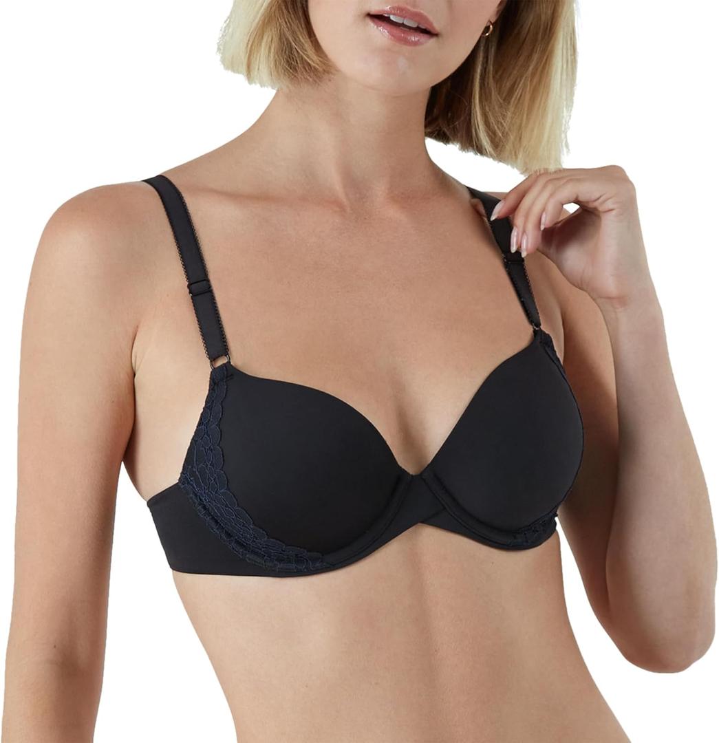Maidenform Underwire, One Fab Fit Demi T-Shirt, Convertible Bras for Women (40C, Black/Navy Eclipse)