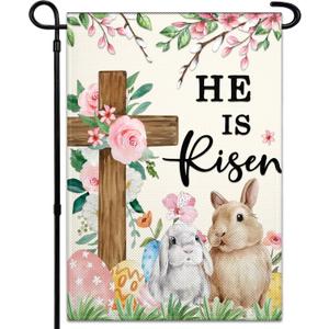 Easter Garden Flags for Outside 12x18 Inch Double Sided He Is Risen Garden Flag Easter Bunny Garden Flag for Outdoor Indoor House Lawn Sign Decor
