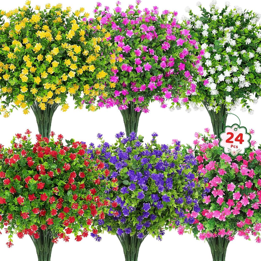 Roberly 24 Bundles Artificial Flowers for Outdoors, UV Resistant Eucalyptus Fake Flowers Shrubs Greenery Plastic Plants for Garden Porch Window Box Farmhouse Indoor Home Decor, Mixed