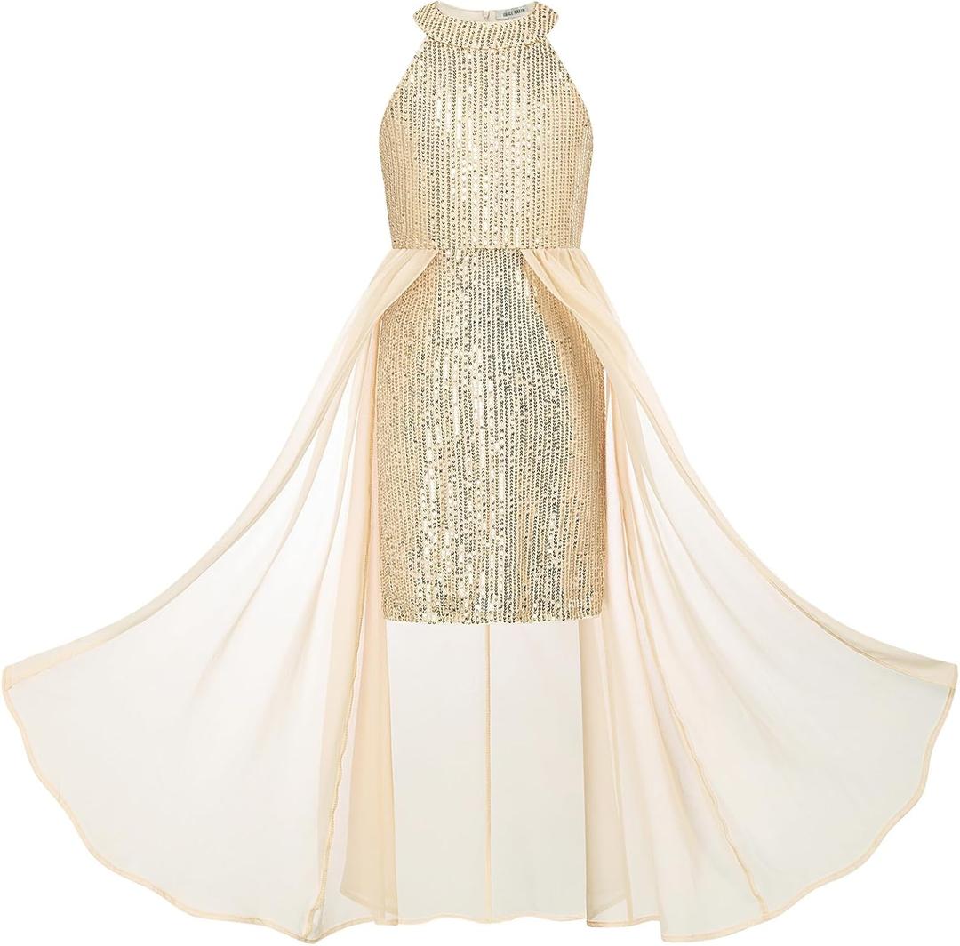 GRACE KARIN Girls Halter Neck Sequin Dress Kids Fancy Formal Party Christmas Sparkly Pageant Birthday Dresses (7-8 Years, Gold)