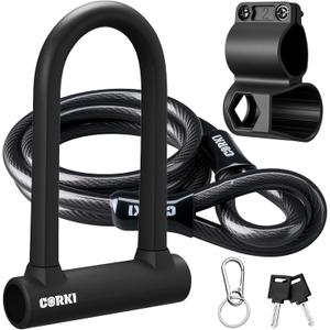 Corki Bike Lock Heavy Duty Anti Theft U Lock with 5ft Security Cable and Keys 17mm Schackle Electric Scooter Lock, Bicycle Lock with Mounting Bracket for Ebike Motorcycle -Black