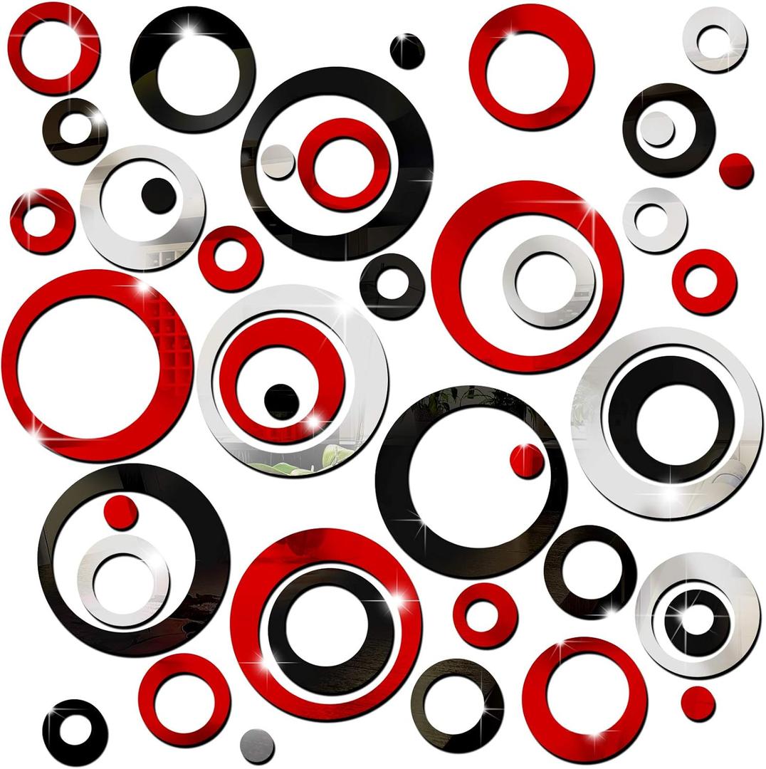 Outus 72 Pieces Wall Stickers Decor Acrylic Circle Mirror Removable Red and Black Wall Decor Round Dots Bulk DIY Red Living Room Decals Modern Art Murals for Home Bathroom Bedroom Decoration