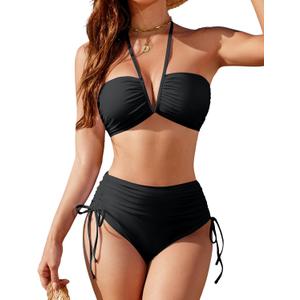 Blooming Jelly Womens High Waisted Bikini Sets Sexy Bandeau Tummy Control Swimsuits Halter Two Piece Ruched Bathing Suit (Medium, Black)
