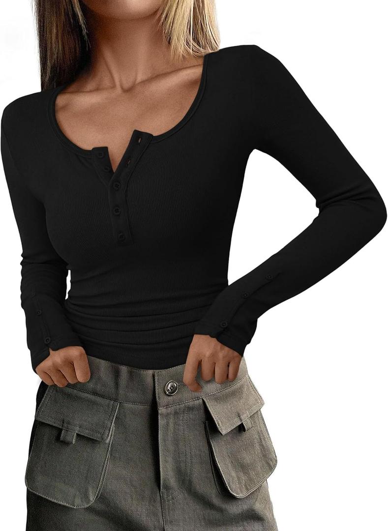 PRETTYGARDEN Women's 2025 Summer Long Sleeve Henley T Shirts Ribbed Knit Button Slim Fitted Basic Casual Going Out Fall Tops (Large, Black)