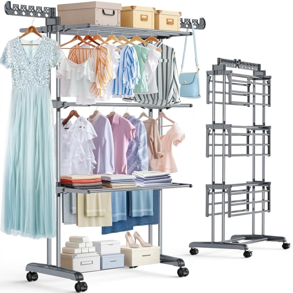 Reinforced Clothes Drying Rack Foldable, 4-Tier Drying Rack with Wheels