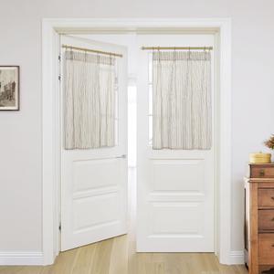 Linen Sheer Boho Striped Pattern Sidelight Front Door Curtain for Glass Window Kitchen 2 Pack, 40 Inch Length Long