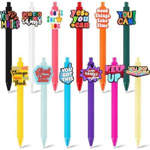 Engrowtic 12 Pcs Funny Pens Set Cartoon Retractable Writing Pens Bulk Black Ink Gifts for Women Office Party Favors(Bright Color,Inspirational)