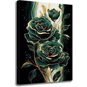 Emerald Green Flower Wall Art Gold Emerald Rose Wall Decor Modern Floral Canvas Print Painting Picture Artwork for Bedroom Bathroom Home Decor,Framed (18L" x 12W")