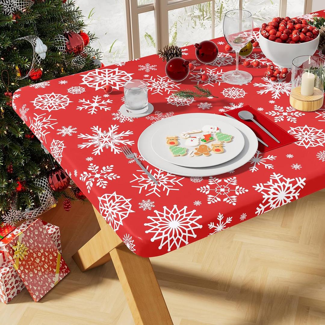 misaya Rectangle Vinyl Tablecloth, Fitted Table Cover, 100% Waterproof, Elastic Edge, Flannel Backing, Plastic Table Cloth Fit 6 Foot Folding Tables for Christmas Dinner (Red Snowflake, 30x72 inch)