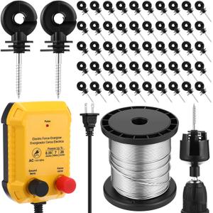 Electric Fence for Preventing Animals Intruding 2 Mile 110VAC 0.35 Joule Electric Plug in Fence, 50 Black Insulator and 1 Socket Tool 250ft Aluminum Wire for Animals and Keep Out Predators