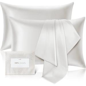100% Pure Mulberry Silk Pillowcase for Hair and Skin - Allergen Resistant Dual Sides,600 Thread Count Silk Bed Pillow Cases with Hidden Zipper,2pc,Queen Size,White