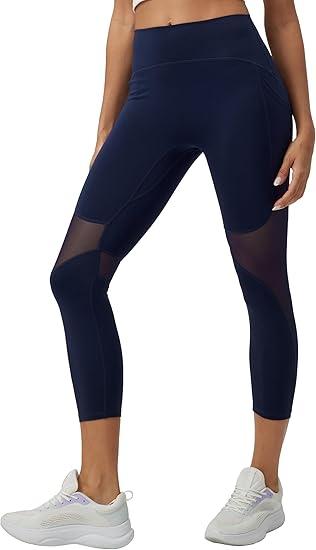 ONGASOFT High Waisted Yoga Capris Pants for Women Running Workout Mesh Leggings Side Pockets Squat Proof Tummy Control