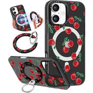 Toycamp for iPhone 16 Case Compatible with Magsafe - Cute Design 360 Magnetic Ring Holder Stand Kickstand Funny Cherry Girly Pretty Fashion TPU Phone Covers for Women Tenn Girls