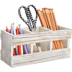 Juvale Rustic-Style Desk Pencil Holder with 3 Compartments - Farmhouse Decor and Wooden Organizer for Pen and Office Accessories