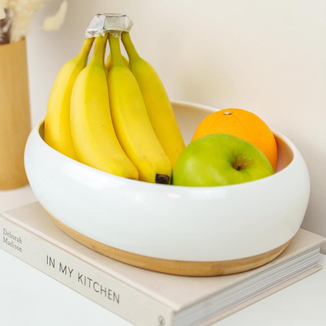 DAILY RITMO White Oval Fruit Bowl | Decorative Candy Dish Bowls for Kitchen Counter | Resin Ceramic-Like Entryway Table Key Holder with Modern Bamboo Wooden Weighted Base