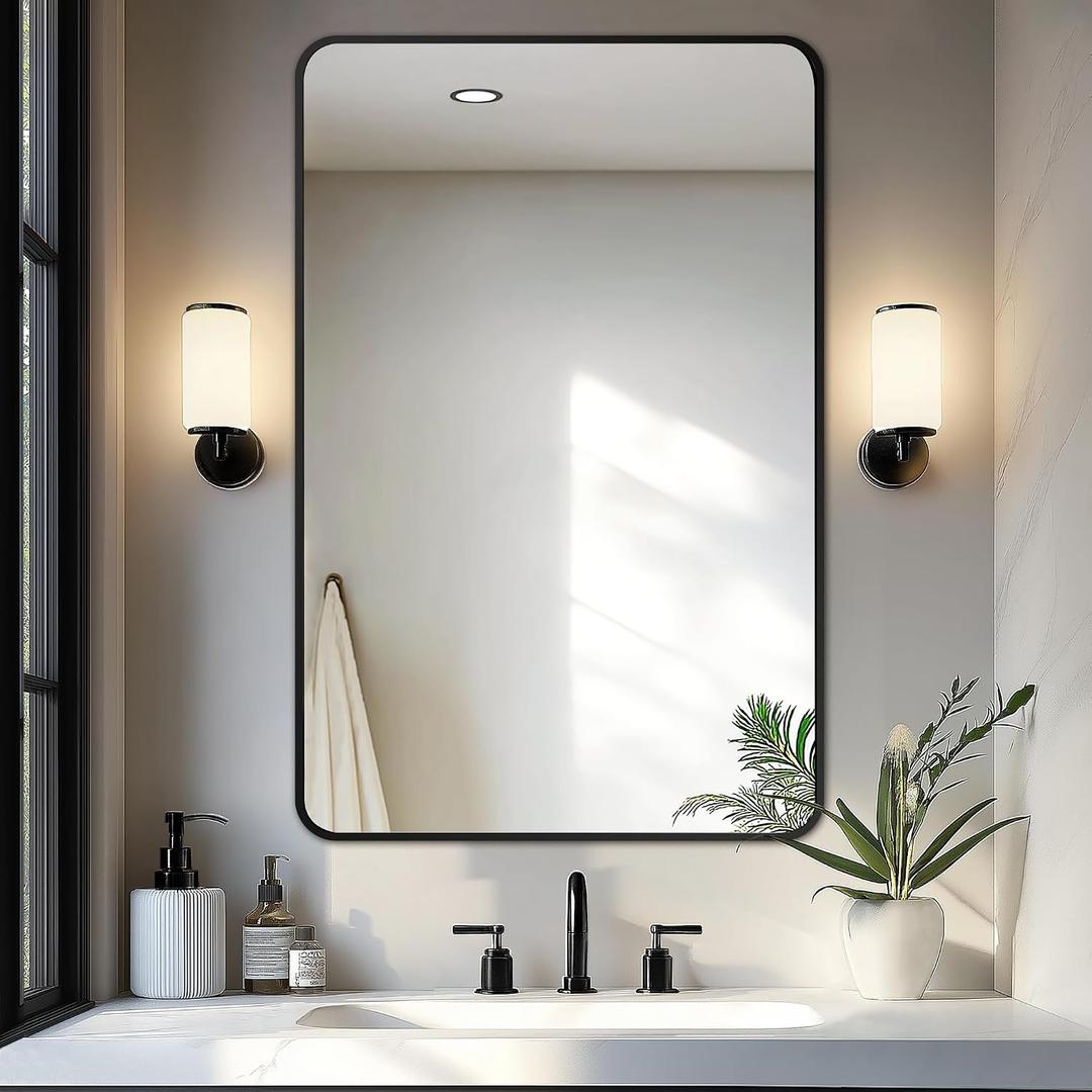 Delma Bathroom Vanity Mirror, Black Framed Mirror for Over Sink, 36x24 HD glass, distortion-free for makeup and grooming, Sturdy frame, all mounting hardware, hangs horizontal or vertical