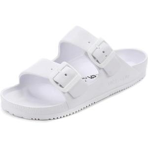 VICT POPU Womens Sandals Adjustable Double Buckle Strap Waterproof EVA Flat Slides (9, White)