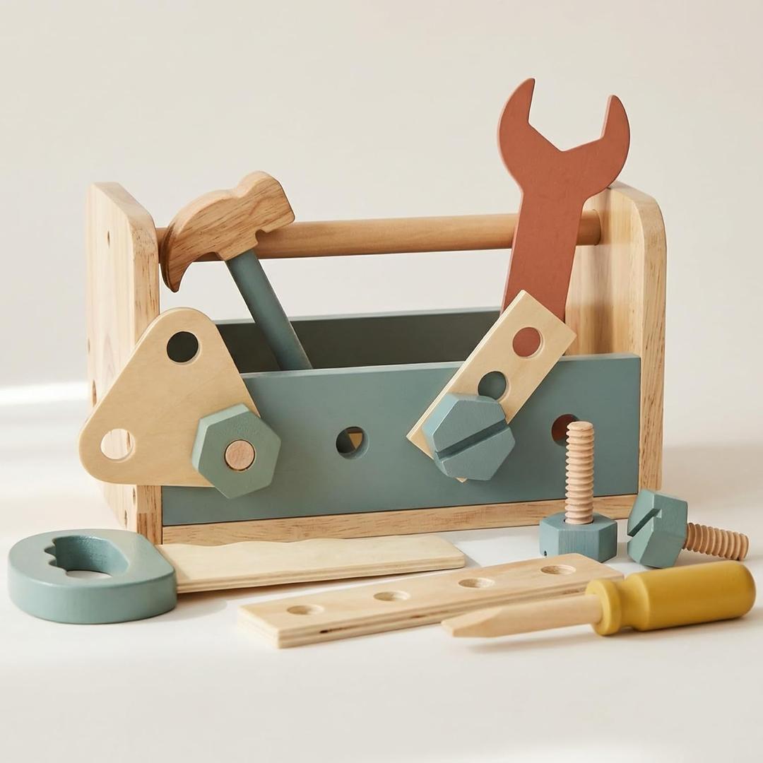 Durable Wooden Tool Set for Toddlers - Montessori Tool Box Kit with Hammer for Boys & Girls 2-5 Years - Fun Christmas Toy Gift for Kids with 30+ Safe Tools for Creative Play