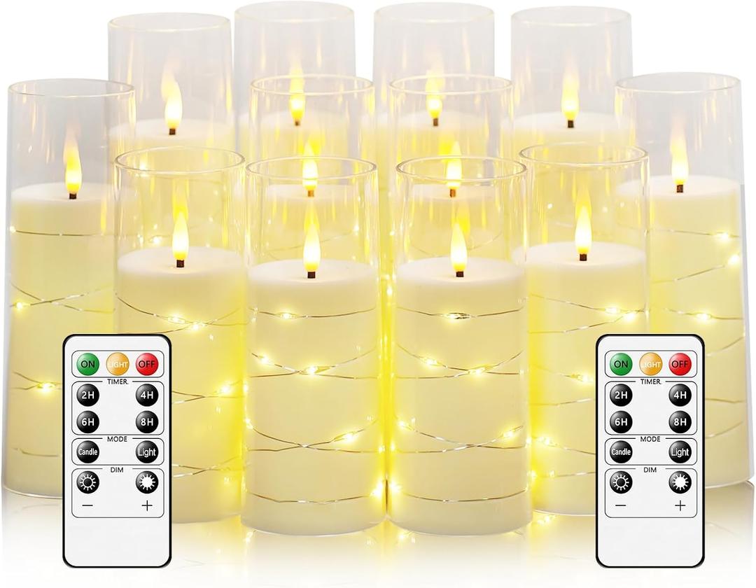 Sasigeiaa Flameless Candles with Embedded Star String - Battery Operated LED Candles, with Remote,12 Ivory Flickering Candles for Christmas, Weddings, Home Decor & Party,(D 2.3"H 5" 6" 7")