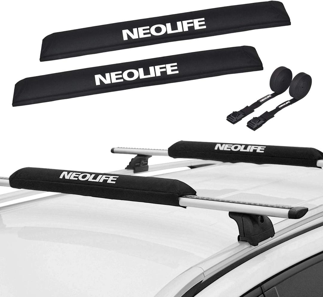 Soft Roof Rack Pads with Two 15 Ft Tie Down Straps for Surfboard, SUP Paddleboard, Snowboard, 28/34inch (Pair) (Black)