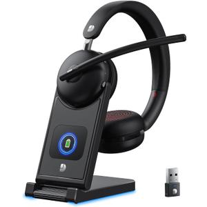 Wireless Headset with Mic for Work-Bluetooth 5.3 Headset with Noise Cancelling, Wireless Headsets with 65Hrs Battery & 10Min Fast Charge, Smart Dock with Digital Display for PC/Computer/Teams (Black)