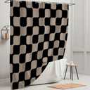 Tititex Retro Checkerboard Grid Pattern 140gsm Faux Linen Fabric Shower Curtain, Black Brown Classical Groovy Wavy Checkered Shower Curtain Sets Decoration 72x72 Inch with Hooks