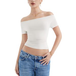 SUUKSESS Women Off The Shoulder Short Sleeve Tops Trendy Cowl Neck Going Out Basic T Shirt (Brown, S)