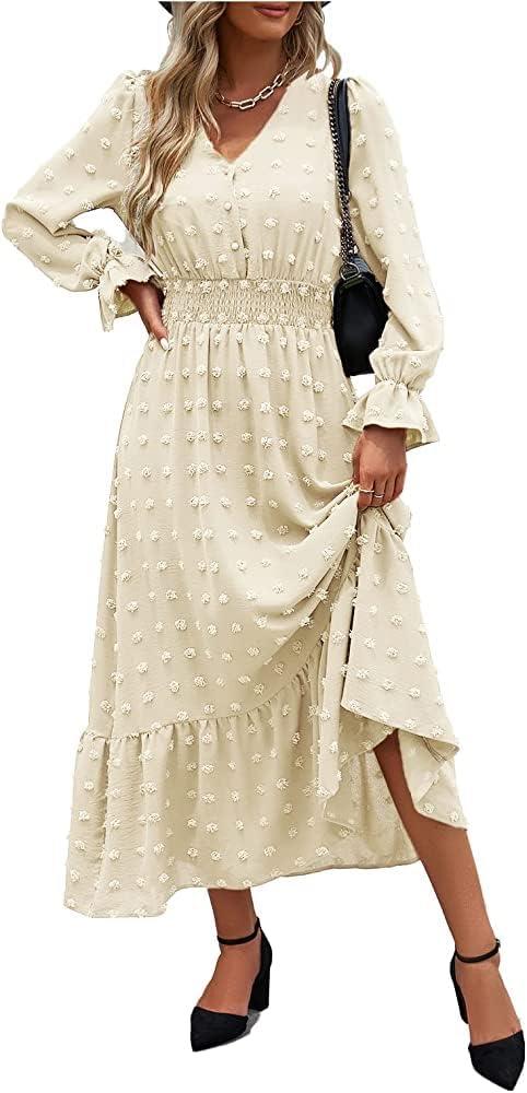 MASCOMODA Women Maxi Dress 2025 Fall Long Sleeve V Neck Swiss Dot Boho Smocked High Waisted A-Line Tiered Flowy Long Dresses (S)
