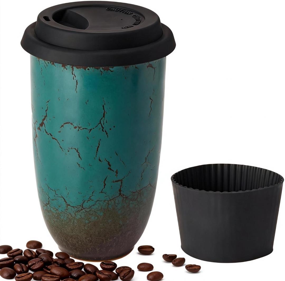Ceramic Travel Mug With Lid, On the Go Coffee Mug.16oz-Ceramics Coffee Tumbler. Dishwasher and Microwave Safe.Reusable Coffee Mug-Suitable for travel, office, car cupDaily use.