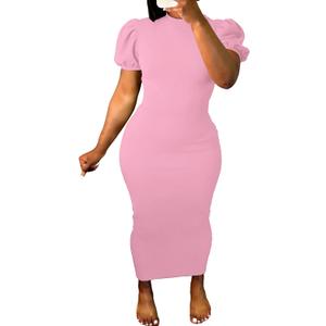 Women's Bodycon Maxi Dress Summer Puff Sleeve Casual Elegant Party Club Night Out Dress (Pink, XL)