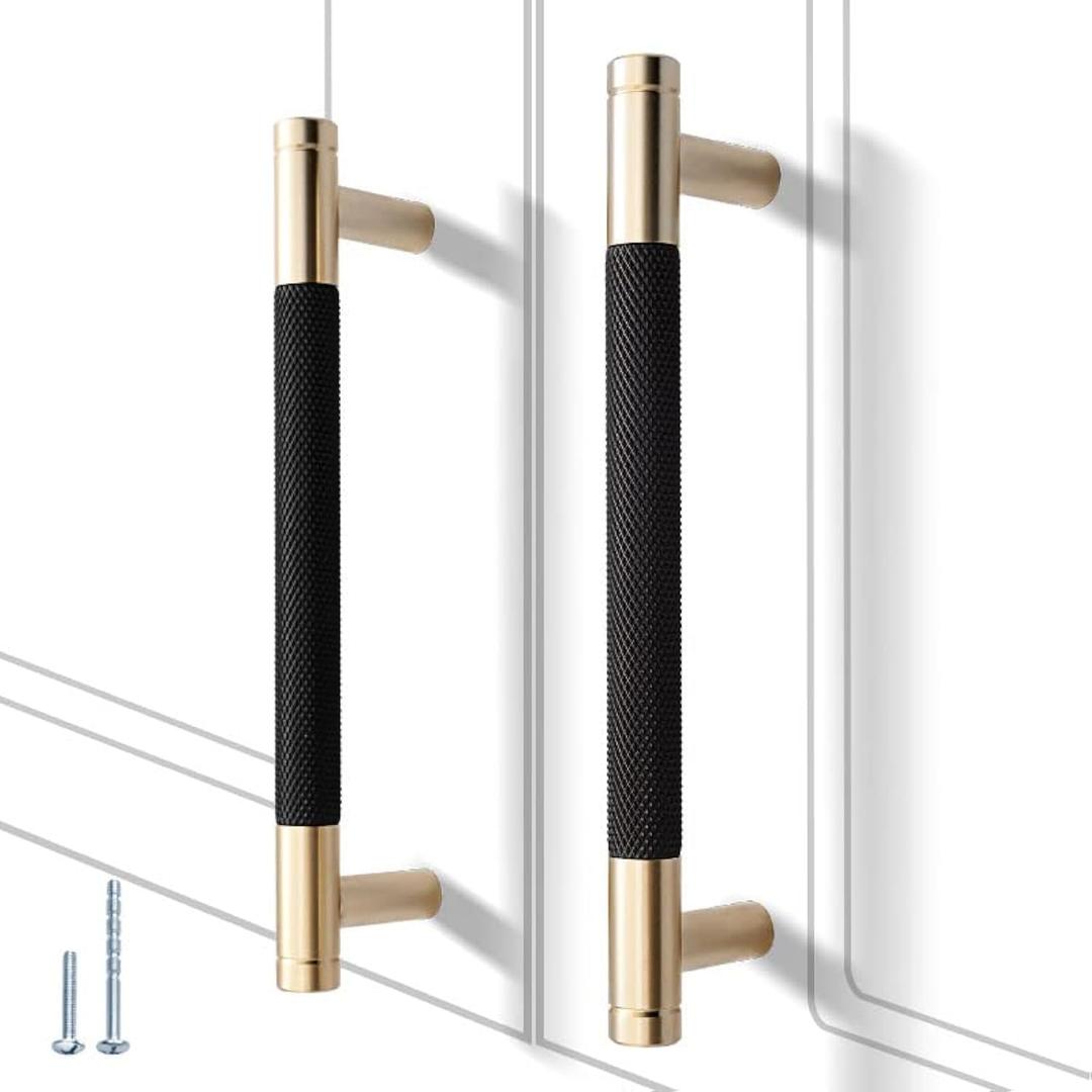 12 Pack 5 Inch 128 mm Knurled Cabinet Handles Cabinet Pulls Aluminum Handles Pulls Gold and Black Oxidation Finish with Diamond Pattern 6" Length (5" Hole Center)