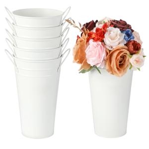 6 Pcs White Flower Buckets, Galvanized Metal Vases,7.9 Inches Flower Vase with Handles, French Flower Bucket，Rustic Farmhouse Vases for Home Decor Wedding Table Centerpiece