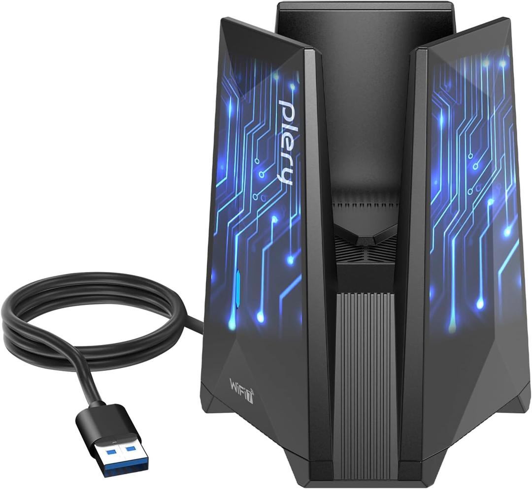 PLERY BE6500 USB WiFi 7 Adapter for Gaming 4K Streaming, TriBand 6500Mbps Wireless Dongle for Desktop PC with TypeC to USB 3.0, DriverFree for Home Office & Entertainment, Support Windows 11/10