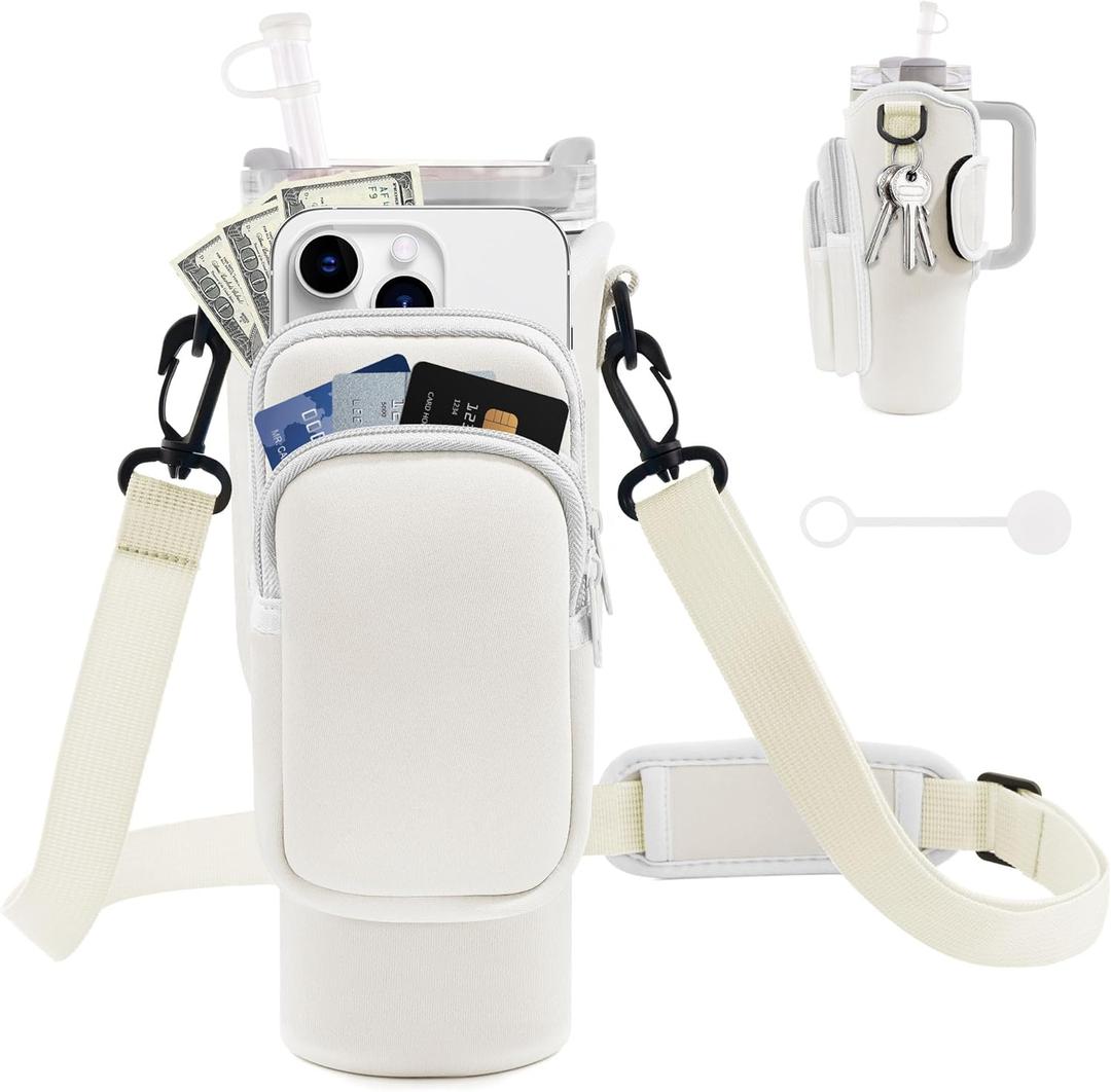 JEBEALUO Water Bottle Carrier Bag with Phone Pocket for Stanley Cup 40/ 30 oz, Water Bottle Holder with Adjustable Strap& Straw Cover, Stanley Cup Accessories (White)