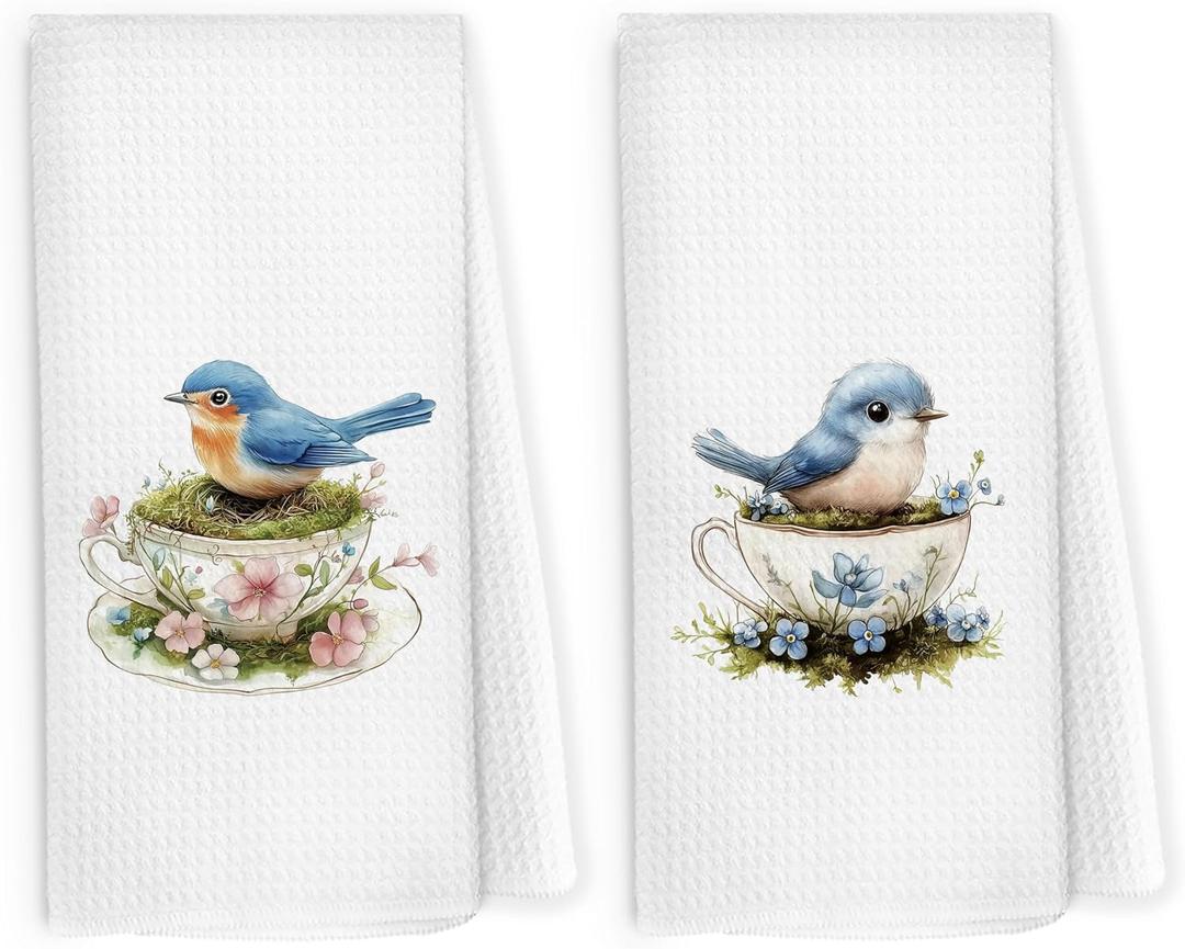 Floral Birds Kitchen Dish Towels 16x24 Inch Set of 2, Blue Bird Tea Cup Gift for Bird Lover, Cute Nature Birds Dish Towel, Flower Decorative Hand Towel Tea Towels for Kitchen Home
