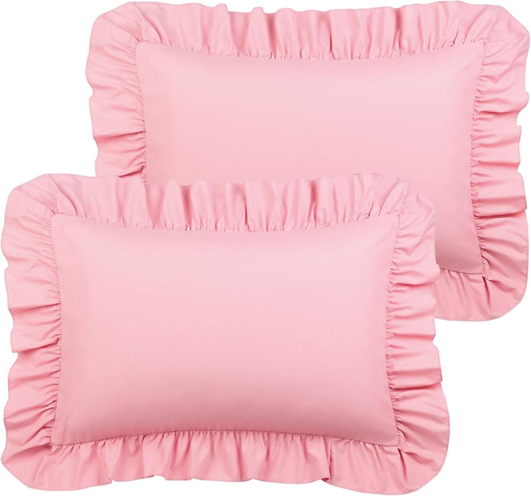PiccoCasa Ruffled Pillow Shams Set of 2, Soft Breathable Pillow Covers with Envelope Closure, 100% Brushed Microfiber Pillow Case Standard Pink