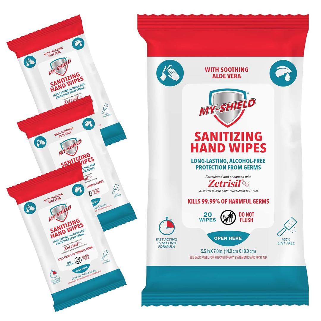 Sanitizing Hand Wipes - Travel Pack - 20 Count (4-pack) Alcohol-Free, Long-lasting Protection. Kills 99.9% of Germs. Moisturizes With Aloe Vera. Formulated with Zetrisil.