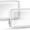 2 Pcs Clear Hard Zipper Pouch, Hard PC Plastic Cosmetic Travel Bag, Portable Organizer Bins, Durable Makeup Bags for Storage, Pencil Case, Carry-on Travel (White Zipper)