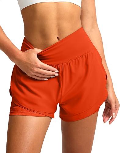 SANTINY Women's 2 in 1 Running Shorts with Pockets 3" High Waisted Exercise Workout Athletic Shorts for Women with Liner(Orange_L)