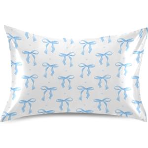 Blueangle Blue Ribbon Bow Satin Pillowcase for Hair and Skin Silk Pillowcase, Standard Size(20x26 inches) - Satin Pillow Covers with Envelope Closure