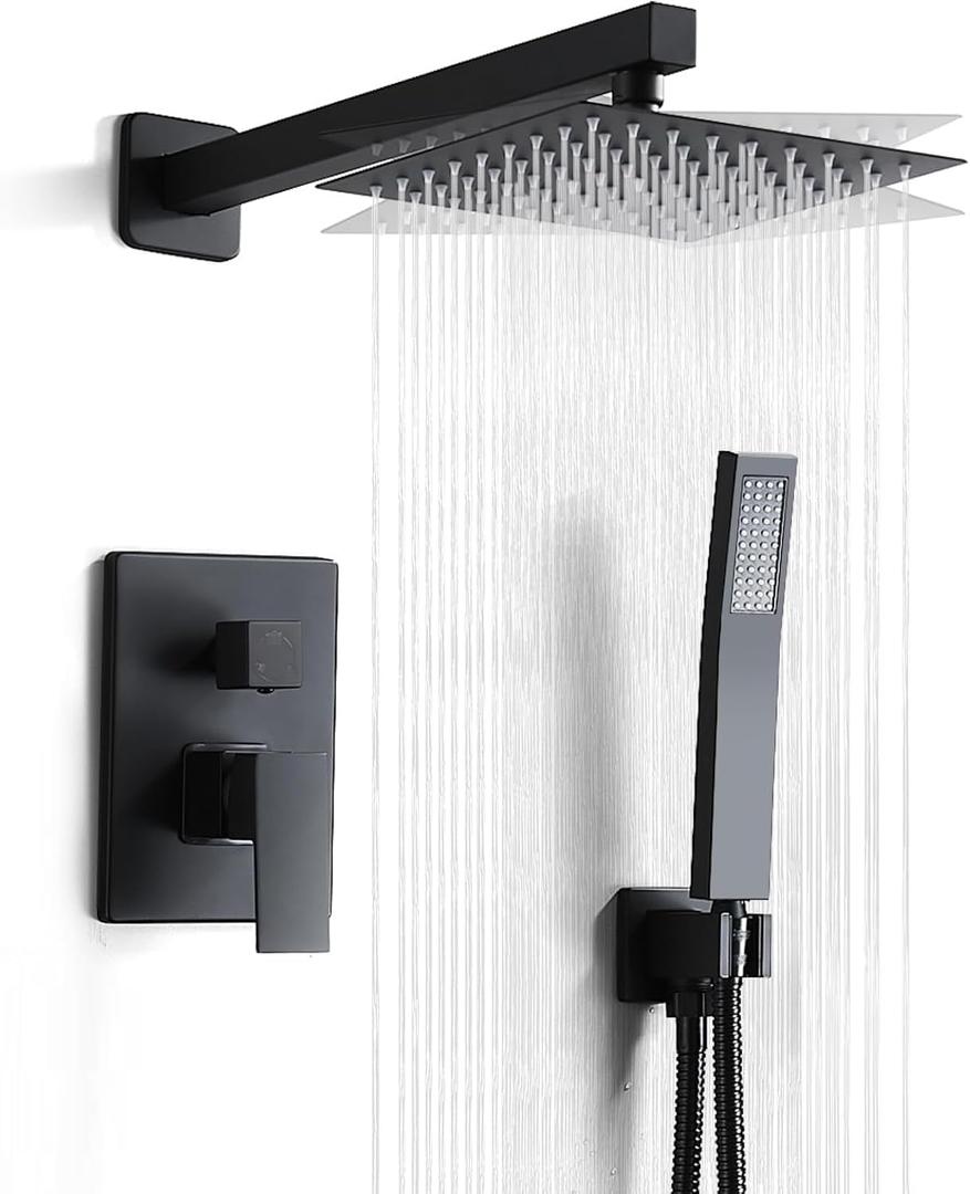 Matte Black Shower Head and Handle Set 8 Inch, Rain Shower Head with 2 Hooks, Luxury Rain Shower Set Square Wall Mount for Bathroom with Rain Shower and Handheld Shower System