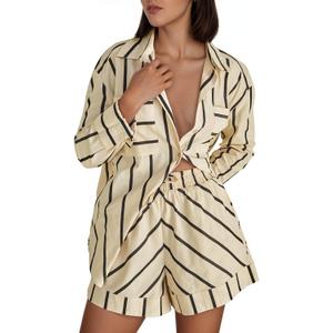 Tankaneo Womens Striped 2 Piece Outfits Button Down Shirts and Shorts Lounge Matching Sets (Beige, L)