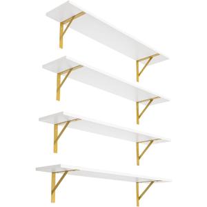 DINZI LVJ Long Wall Shelves, Set of 4, 31.5Inch Wall Mounted Shelves, Floating Shelves for Wall Storage with Metal Brackets, for Living Room, Bathroom, Bedroom, Kitchen, White and Gold