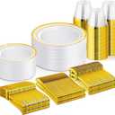 WELLIFE 300 PCS Gold Dinnerware Set for 50 Guests, Gold and White Disposable Plastic Plates for Party, 50 Dinner & Salad Plates, 50 Cups Forks Knives Spoons for Wedding and Party Supplies