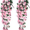 Ivydale 2PCS Artificial Bougainvillea Hanging Flowers Faux Plants for Outdoor Outside Summer Decoration, Fake Silk UV Resistant Realistic Long Trailing Vines for Home Porch Patio Balcony Yard, Pink