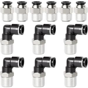 TAILONZ PNEUMATIC Elbow and Straight Combination 1/4 Inch Tube OD x 3/8 Inch NPT Thread Push to Connect Fittings PC-1/4-N3+PL-1/4-N3(Pack of 12)